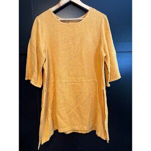 Bryn Walker Women's Linen Tunic Blouse Small 3/4 Sleeves Yellow Lagenlook